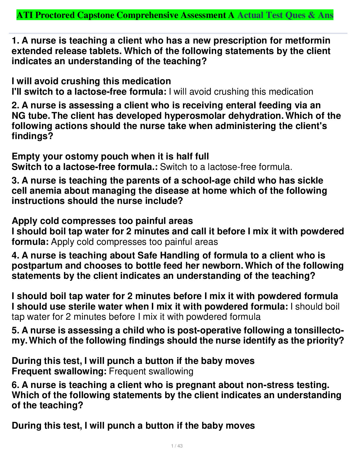Preview image for ATI Proctored Capstone Comprehensive Assessment A Actual Test Ques & Ans